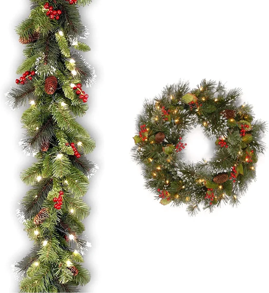 National Tree Company Pre-Lit Artificial Christmas Garland and Wreath Bundle, Green, Crestwood Spruce, White Lights