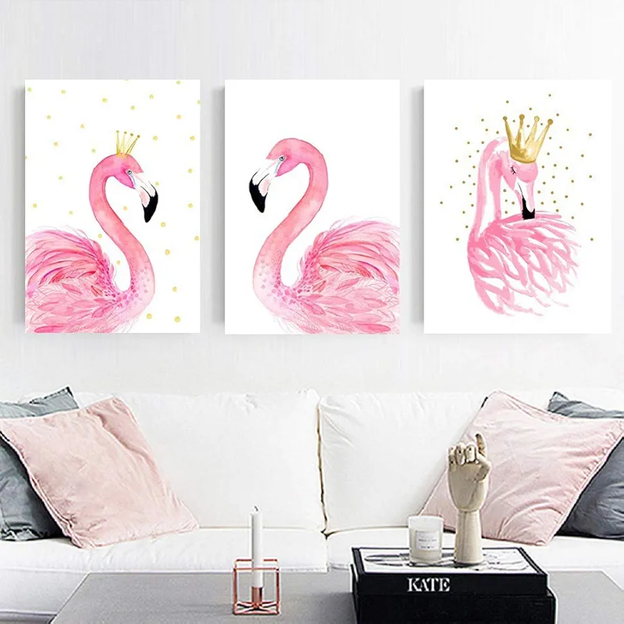 3pcs Pink Flamingo Canvas Prints Animal Painting Artwork Picture Home Wall Art Decor for Living Room Bedroom Bathroom Walls Decoration Tropical Vintage Room Decor Poster, Unframed 16" x 20"