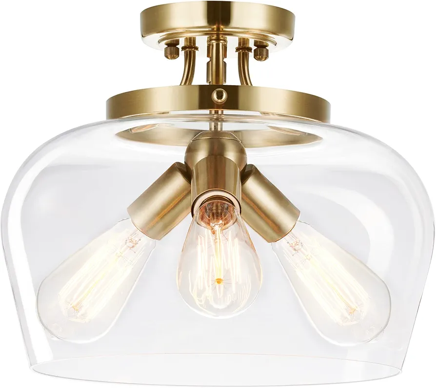 VONLUCE Semi Flush Mount Ceiling Light, 3-Bulb Gold Ceiling Light Fixture with Clear Glass Shade, 13.8" Industrial Ceiling Light Fixture for Hallway Foyer Kitchen Entryway Bedroom, E26 Base