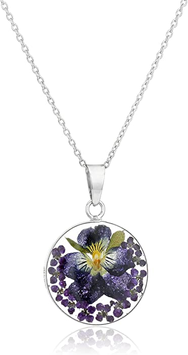 Amazon Collection Sterling Silver Pressed Flower Round Pendant Necklace, 16"