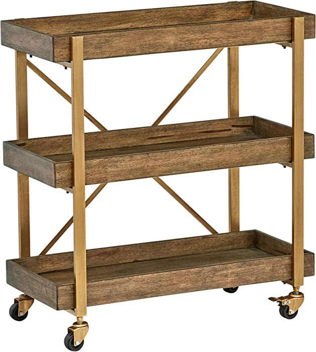 Amazon Brand – Rivet 3-Tiered Rustic Metallic Rolling Wood and Metal Bar Cart, 29.9"W, Natural