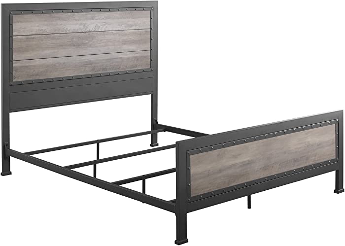 Walker Edison Rustic Farmhouse Wood and Metal Queen Metal Bed Headboard Footboard Bed Frame Bedroom, Queen, Grey Wash