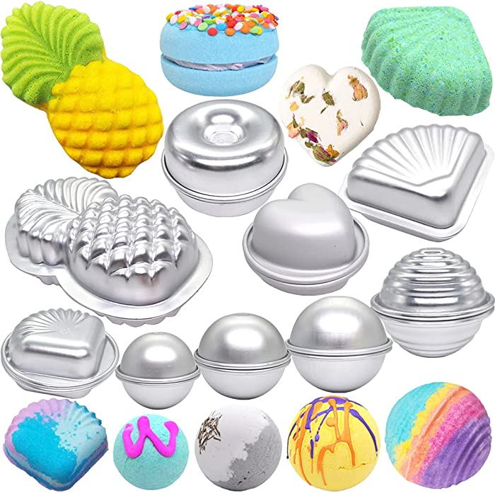 Metal Bath Bomb Mold 18 PCS of 9 Sets ( 6 Hemispheres , 2 Pineapple , 2 Lollipop , 2 Donut , 2 3D Heart , 2 Clams , 2 Scallop for Bath Bombs Handmade Soaps & Cake (Sweet Summer Bath Bomb Mold Kit)