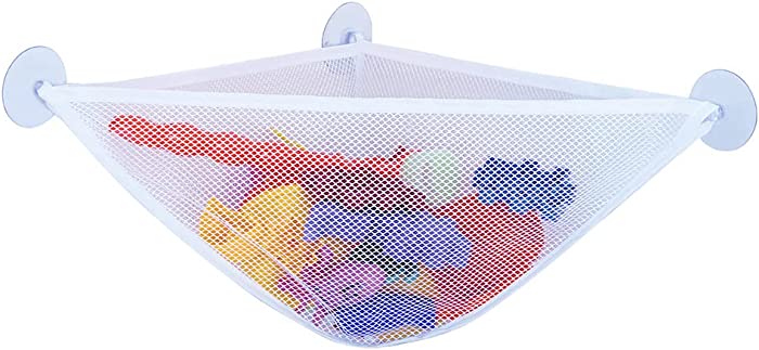 Bath Toy Organizer, with 3 Strong Suction Cups Mounted Bath Toy Storage Net & Bathroom Corner Shower Caddy Bag Bathroom Storage Bag (White)