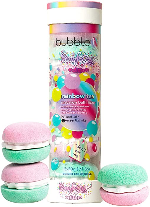 Bubble T Cosmetics Confetea Rainbow Tea Mini Macaron Bath Fizzer Bombs, Packed with Berry Extracts to Cleanse & Nourish Skin with an Uplifting Fragrance - 5 x 50g