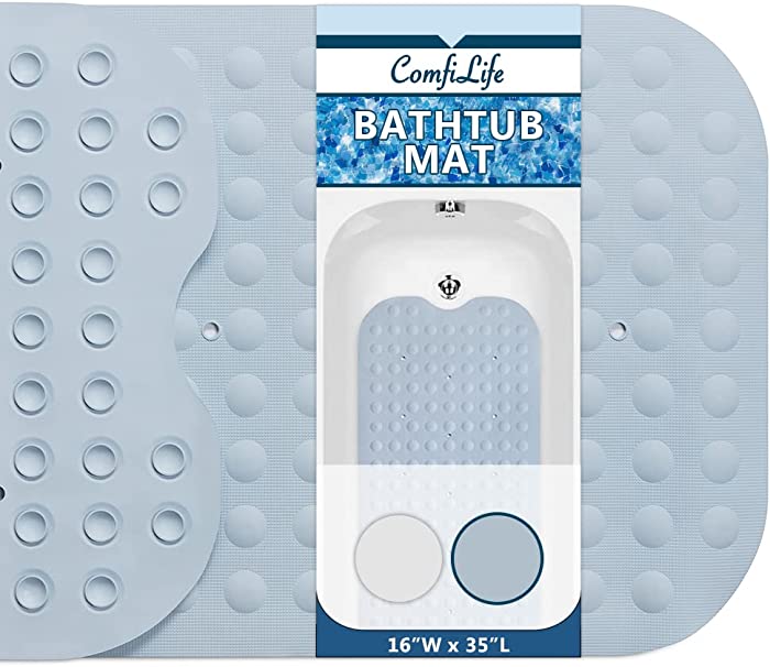 ComfiLife Bath Mat for Bathroom Tub and Shower – Non Slip Extra Large Bathtub Mat with Drain Holes & Suction Cups – Machine Washable Grip Rubber Mats Keep Bathtub Clean (Bubble 16" x 35", Light Blue)