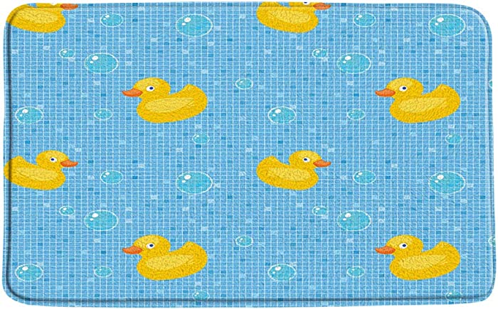 Rubber Duck Bath Mat,Cute Bathing Ducky Soap Bubbles Classic Tiles Gird Background Funny Cartoon Pattern Soft Microfiber Memory Foam Bathroom Rugs,20X31 Inch