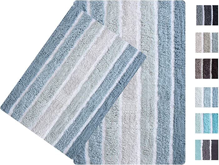 2-Piece Cotton Alpine Stripe Bath Rug Set - 100% Cotton Bath Mat Rug - 21x32/17x24 - Soft Absorbent Machine Washable - Blue