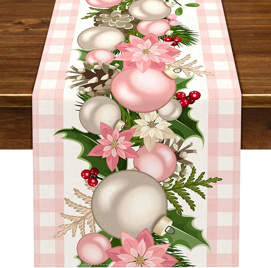 Nepnuser Pink Christmas Table Runner Pink and White Buffalo Check Plaid Xmas Decoration Seasonal Winter Holiday Home Kitchen Island Dining Room Decor