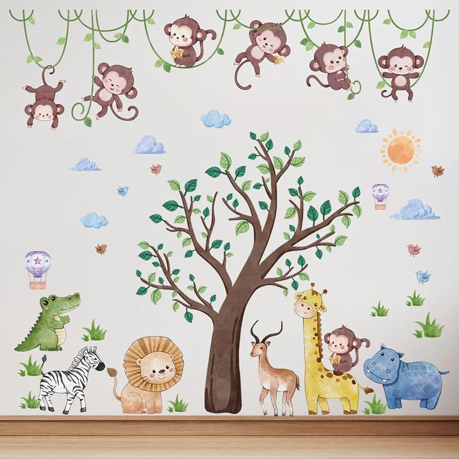 Safari Jungle Animals Wall Decals Tree Wall Stickers Lion Giraffe Hippo Monkey Crocodile Deer Zebra Bird Hot Air Balloon Wall Decor for Boys Bedroom Baby Nursery Kids Bedroom Living Room