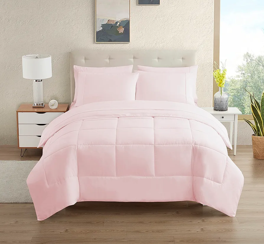 Dorm Room Essentials College Bedding Comforter Set 5 Piece Twin Size Bed in a Bag for College Students Boys and Girls, Twin, Pale Pink