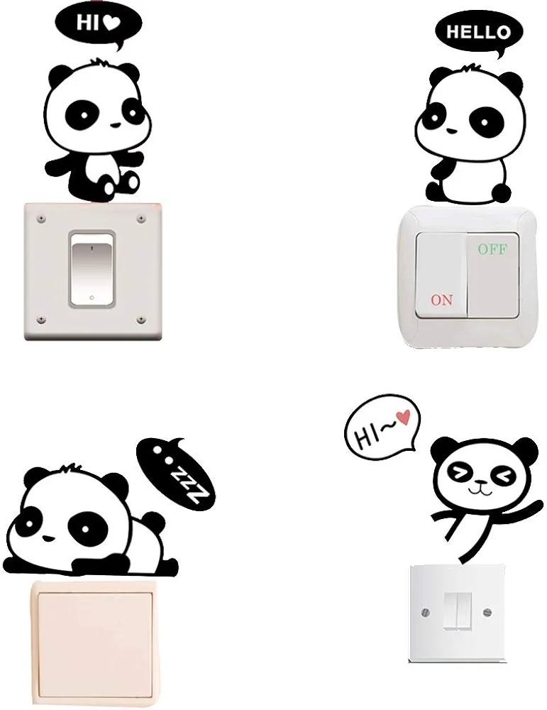 Removable Switch Sticker, 4 Pcs Cute Cartoon Pandas Wall Sticker, Light Switch Decor Decals, Family DIY Decor Art Car Stickers Home Decor Wall Art for Kids Living Room Office Decoration