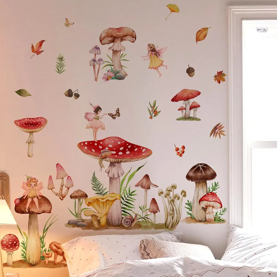 Mushroom Wall Decals Fairy Wall Stickers Forest Room Decor Fall Leaf Woodland Nursery Decor Wall Door Decor for Girls Bedroom Living Room Kitchen