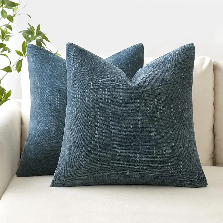 Pack of 2 Dusty Blue Soft Textured Decorative Pillow Covers Square Solid Throw Pillow Covers Cozy Chenille Farmhouse Cushion Covers with Zipper Couch Sofa Bed Living Room Fall Decor 20x20 Inch