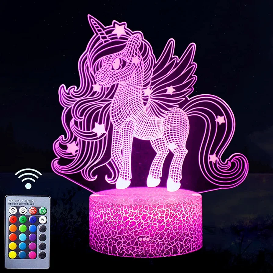 Unicorn Night Light, 3D Illusion Lamp Unicorn Lights for Kids Room, 16 Colors & Flashing Modes with Remote Control Opreated Dimmable Christmas Birthday Gifts for Boys Girls Kids Children Teen