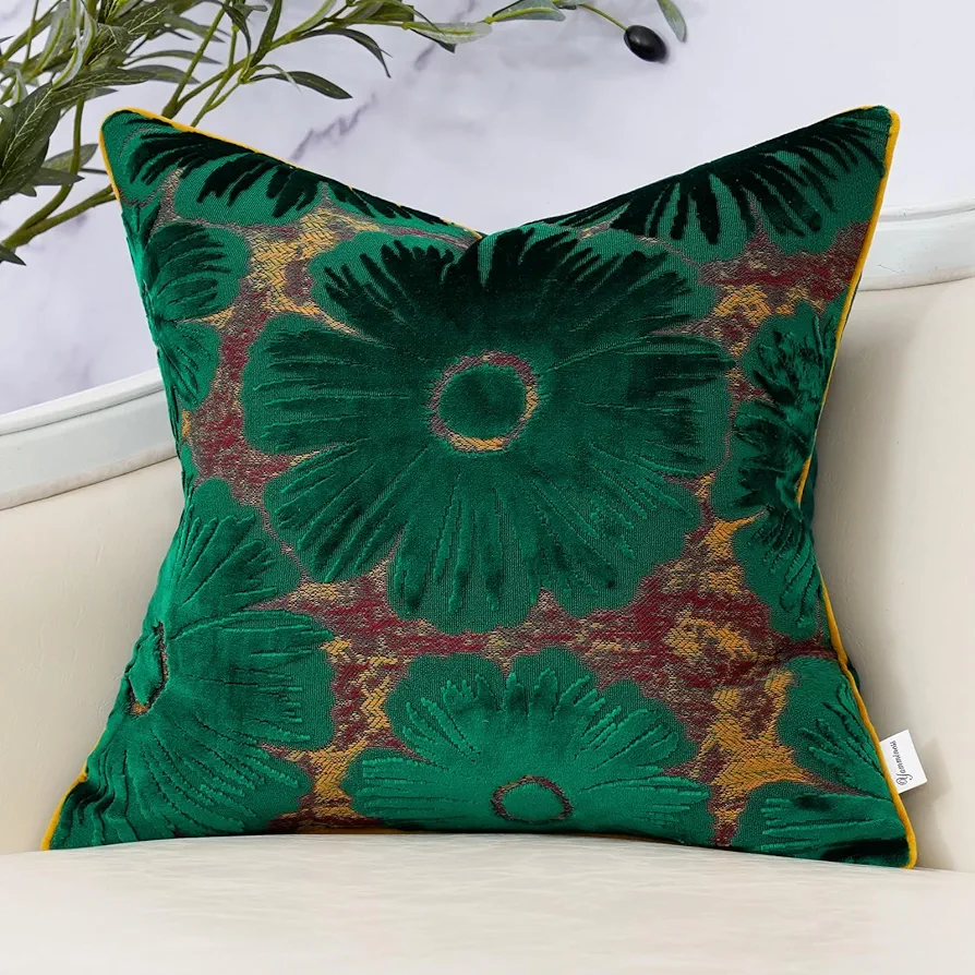 Green Farmhouse Flower Throw Pillow Cover Floral Velvet Cushion Case Modern Jacquard Pillowcase for Sofa Couch Bedroom Living Room Home Decor,20x20 Inch