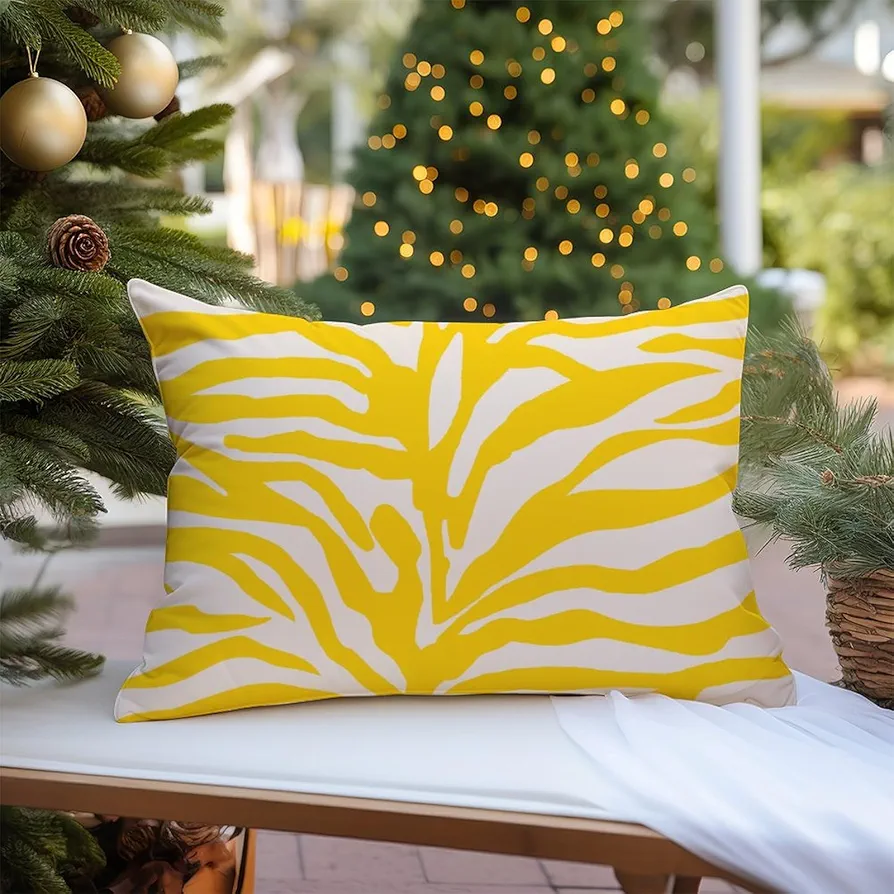 Tiger Print Yellow Waterproof Sofa Pillowcase Traditional Chinese Chinoiserie Garden Decor Outdoor Cushion Cover Zebra Animal Print Canvas Throw Pillow Case for Living Room 12x20in