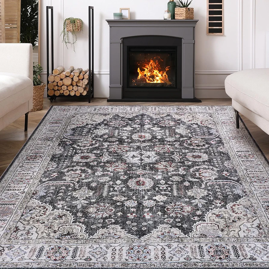 Washable Rug 8x10 Feet, Non Slip Backing Area Rugs for Living Room, Boho Vintage Design Area Rug, Bedroom Rug, Home Decor, Farmhouse, Dining Room, Home Office, Grey and Black