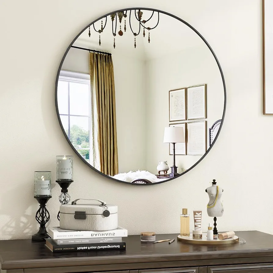 Black Round Bathroom Mirror, 20 inch Circle Mirror, Round Wall Mirror with Simple Metal Frame, Modern Round Hanging Mirror for Bathroom, Hallway, Living Room (Black Frame)