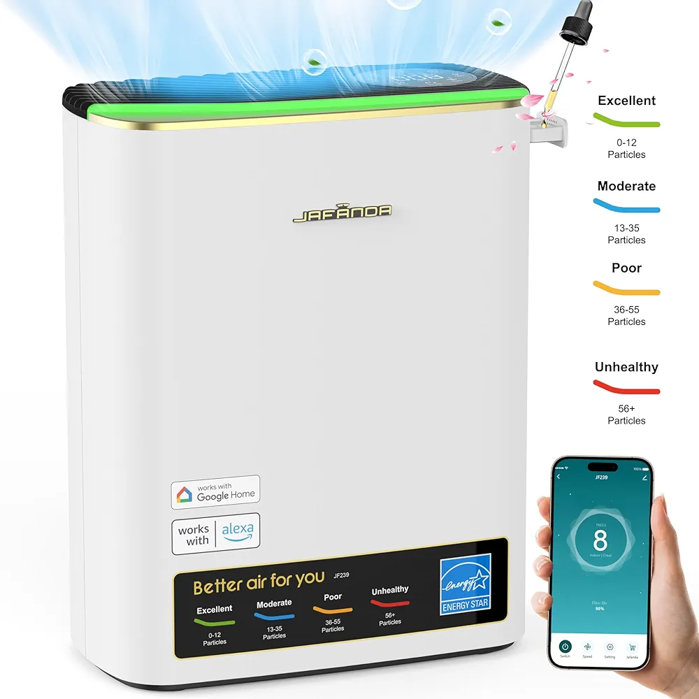 Jafända Air Purifiers for Home Large Room Up To 1100ft², True HEPA & Carbon Air Filter Remove 99.97% Dust Smoke Odor Pollen Pets Dander Allergies, Sleep Mode 20dB Works with Alexa,APP,PM2.5 Display