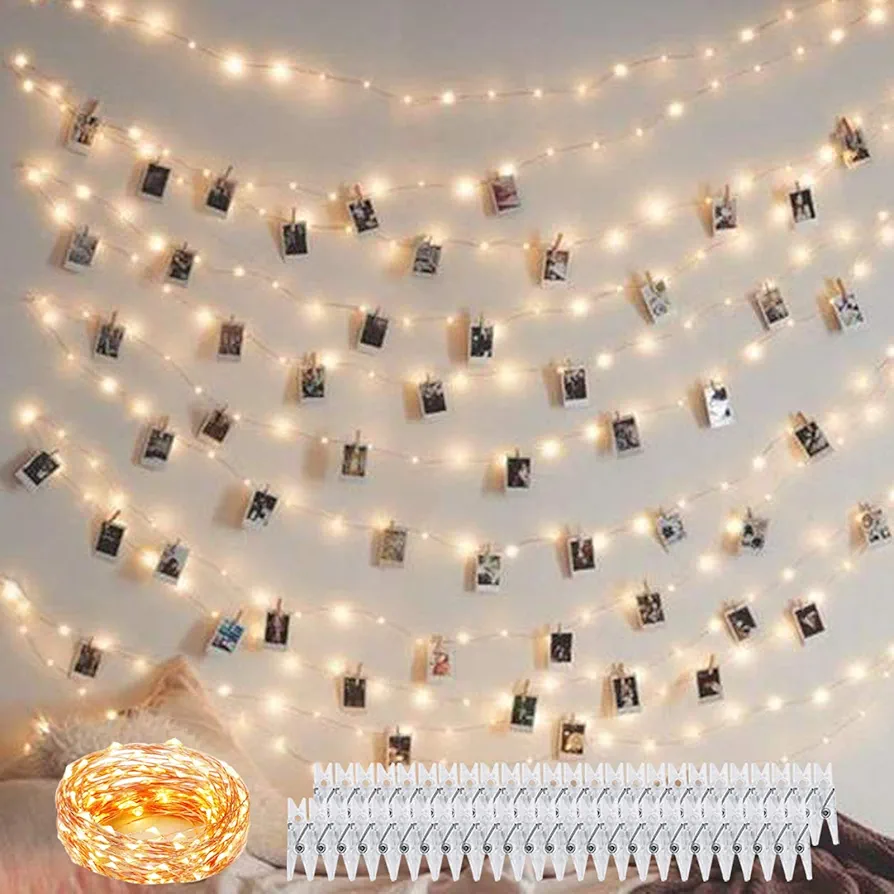 100 LED 50 Photo Clips String Lights Holder 33FT Starry Fairy Lights for Hanging Pictures Cards Memos USB Powered with Switch Perfect for Bedroom Wedding Dorm Christmas Decor (Warm White)