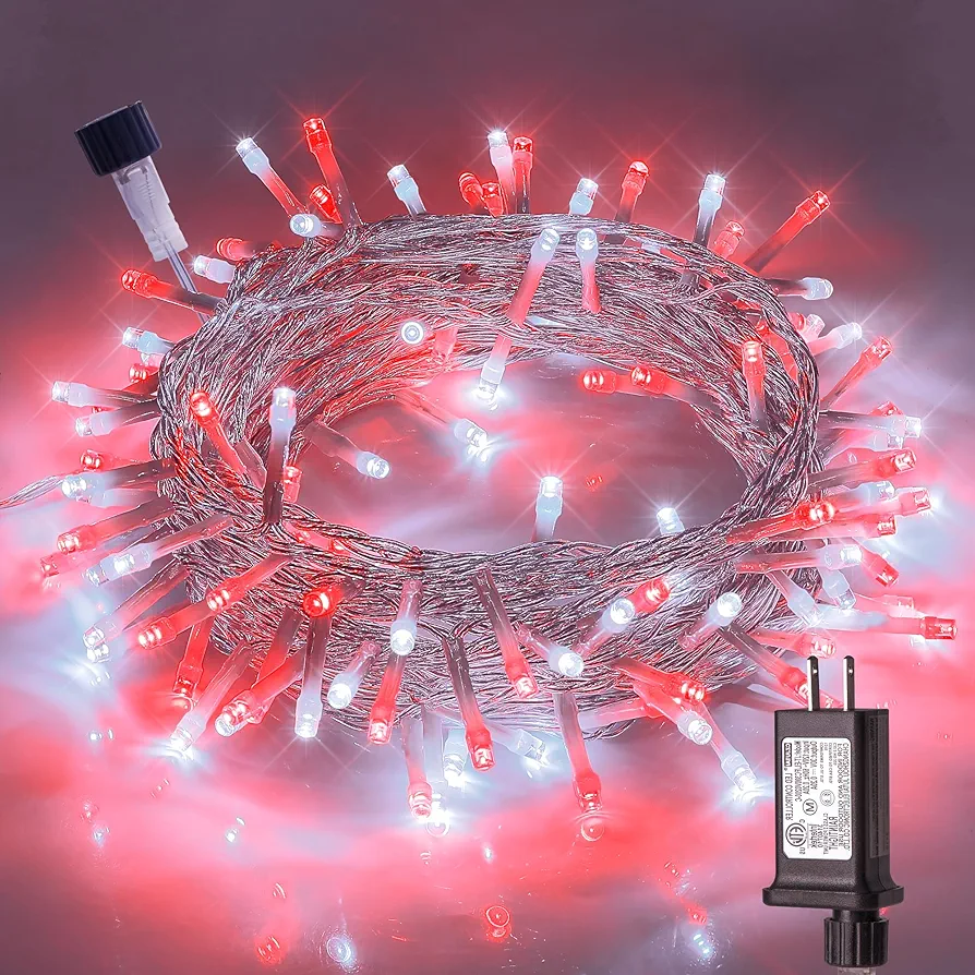 Hopolon 33FT 100 Led String Lights Indoor Outdoor,Red and White Christmas Lights Clear Wire with 8 Modes,Connectable Waterproof Twinkle Fairy String Light Plug in for Tree Room Bedroom Wedding Party