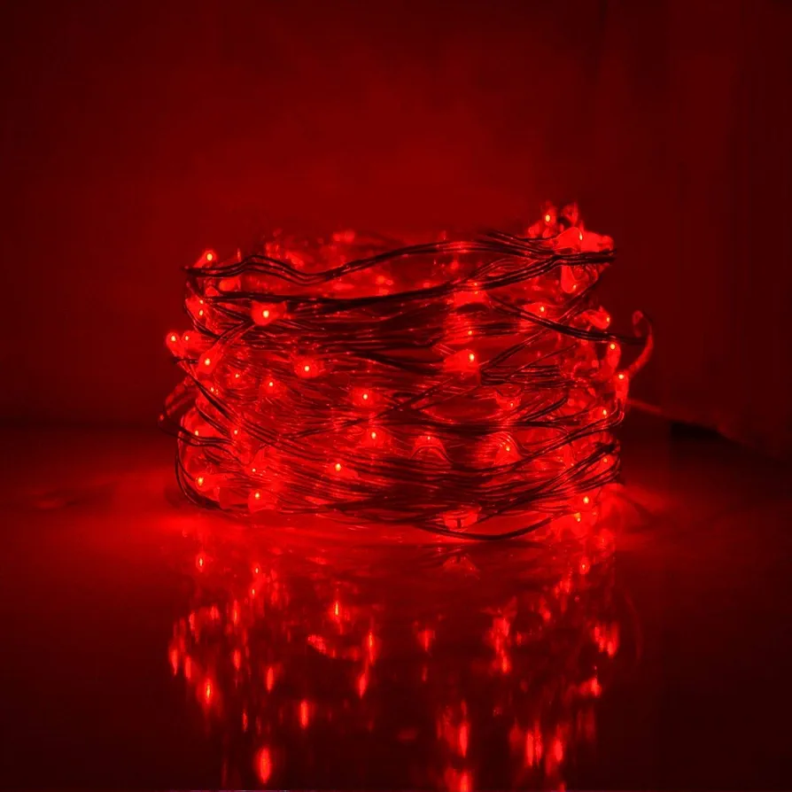 String Lights,LED Copper Wire Lights, Each Set 33ft/10M 100LEDs and 9 Remote Control.AA Battery Powered,Decor Rope Lights for Holiday,Wedding, Parties.(Red)