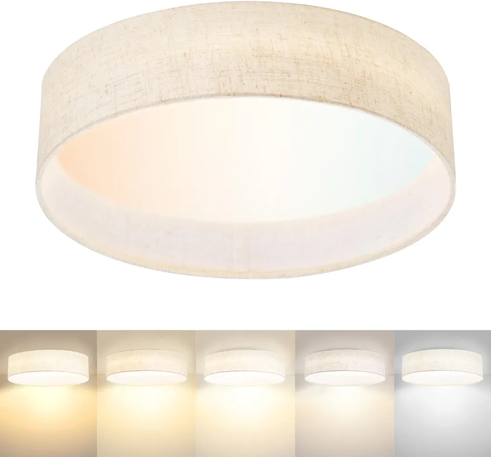 Hamilyeah Flush Mount Ceiling Light Fixture 24W, Dimmable LED Ceiling Light with Beige Fabric Shade 5CCT, 12 inch Drum Light Fixture Ceiling Mount for Living Room, Kitchen, Bathroom, Bedroom