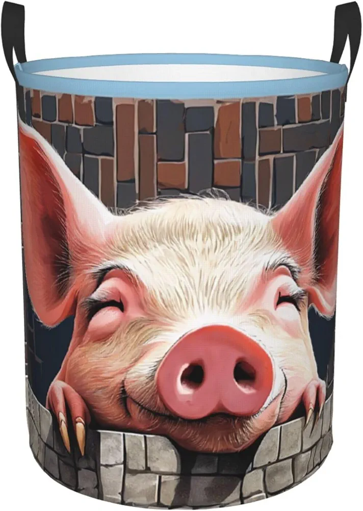 Laundry Baskets with Handles Waterproof Small inches Storage Basket, Collapsible Laundry Hampers, Laundry Room Organization & Apartment Essentials - Funny Cute Pig