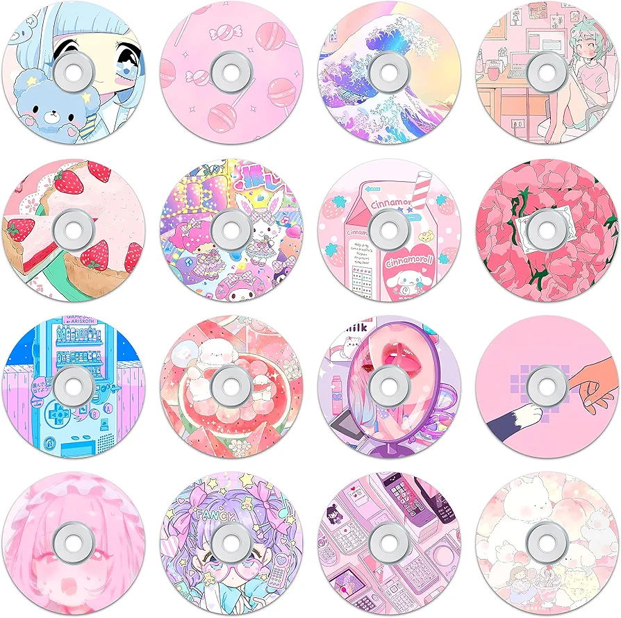 HK Studio Kawaii Records for Wall Aesthetic 5.1" Pack 16 - PVC, CD Size Kawaii Record Wall Decor for Dorm, Wall Collage Kit, Bedroom - Kawaii Room Decor for Teen Girls