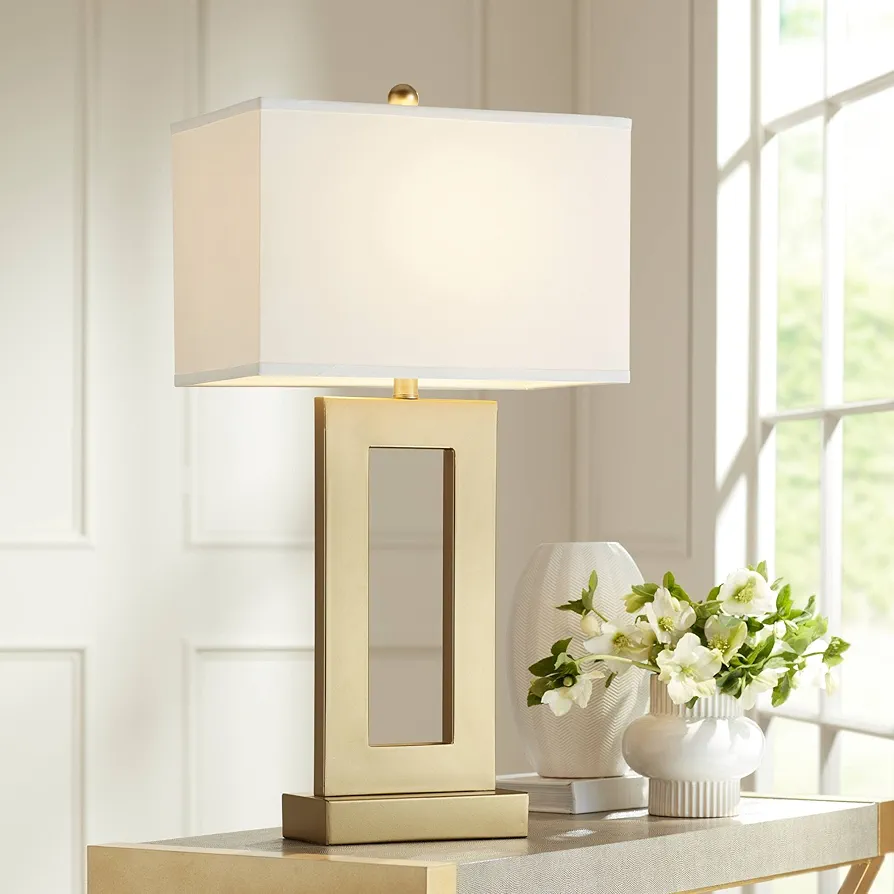 360 Lighting Marshall Modern Glam Luxury Table Lamp 30" Tall Gold Metal Open Base Oatmeal Rectangular Shade Decor for Living Room Bedroom House Bedside Nightstand Home Office Entryway