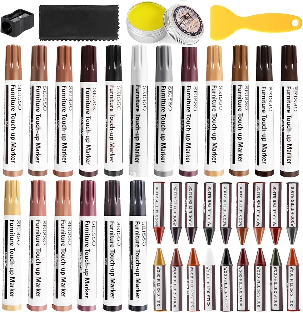 SEISSO Furniture Repair Kit, 18 Colors Touch Up Markers and Wood Filler Sticks with Wood Polish Wax - Furniture Touch Up Kit Cover Up Scratches, Stains, Holes for Wooden Table, Cabinet, Floors, Door