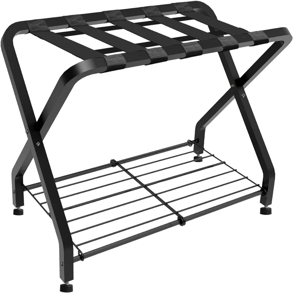 Folding Luggage Rack with 2-tiers Storage Shelf, Foldable Steel Frame Luggage Organizers for Suitcase, Metal Luggage Holder for Guest room, Bedroom, Hotel, Closet, Black, 1pack