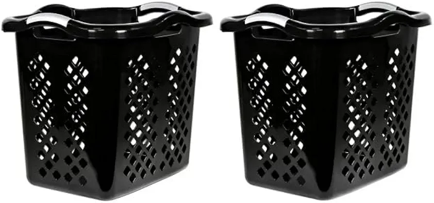 2 Pack Ultra Easy Carry Plastic Laundry Hamper, 2 Bushel Lamper Plastic Laundry Basket with Silver Handles,Dirty Clothes Laundry Hamper Bin for Home, Apartment, or Dorm Room, Black