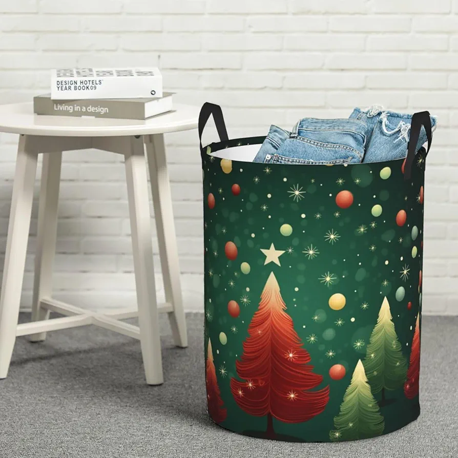 Laundry Basket Waterproof Laundry Hamper With Handles Dirty Clothes Organizer Chirstmas Tree Print Protable Foldable Storage Bin Bag For Living Room Bedroom Playroom, Small, Black