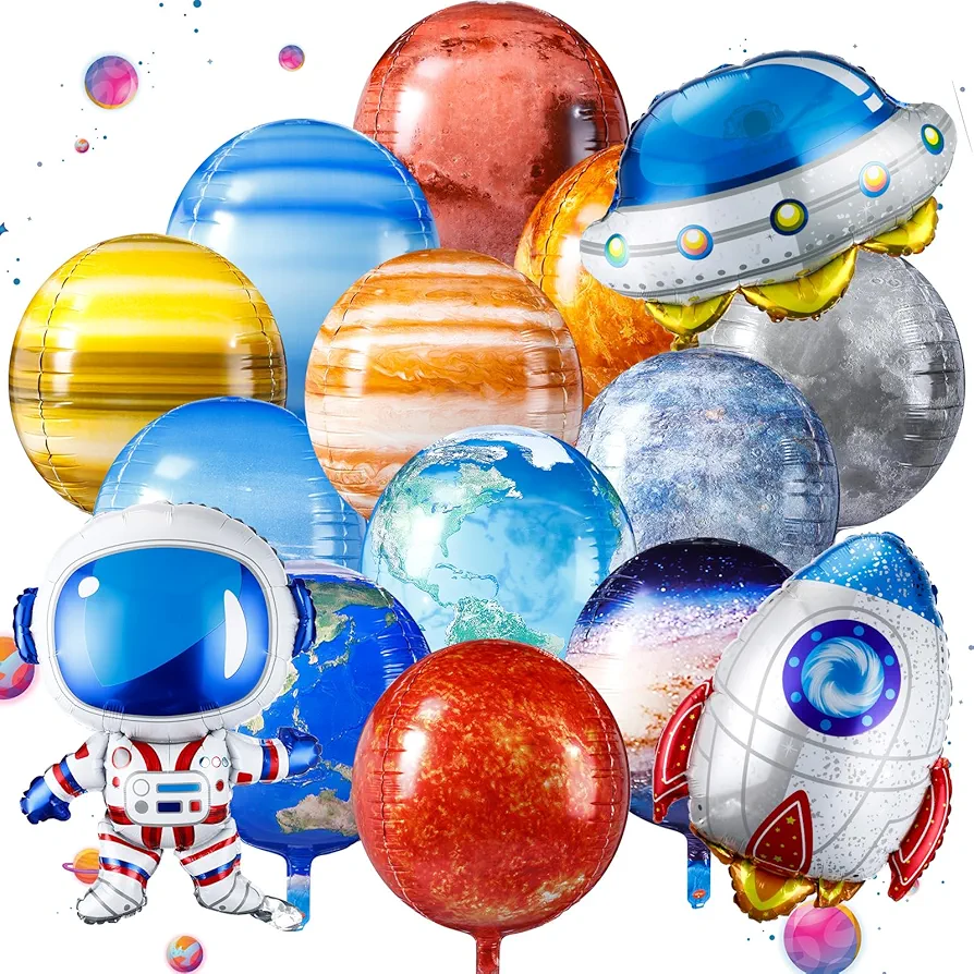 Poen 15 Pcs Space Balloons Space Party Decorations 22 Inch Galaxy Solar System World Map Globe Planet Balloons Inflatable Spaceship Rocket Astronaut Balloon for Kids Birthday Party Classroom Decor