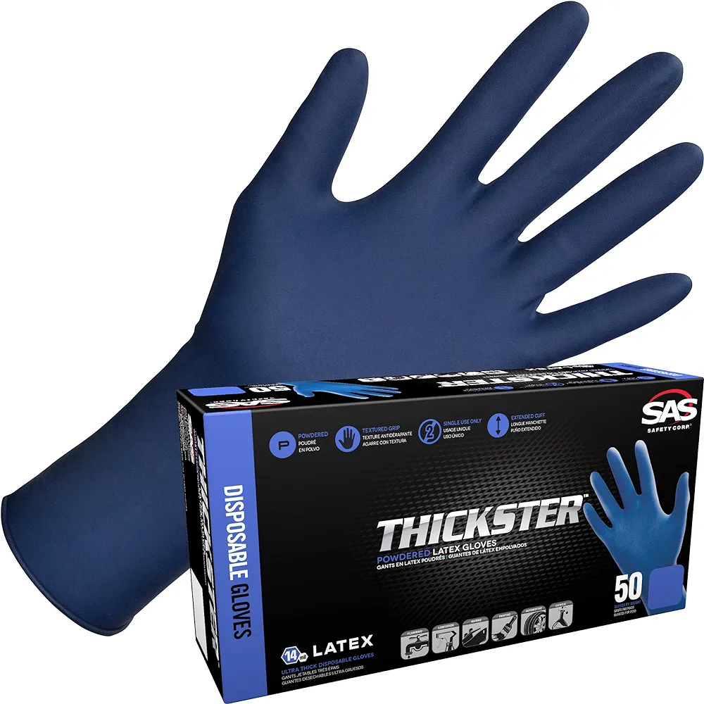 Thickster Powdered Latex Disposable Gloves. Size 2X-Large. Blue Color, 14 mil Thickness, 12" Length. Fully Textured for Superior Grip. Single Use. Pack of 50. (6605)