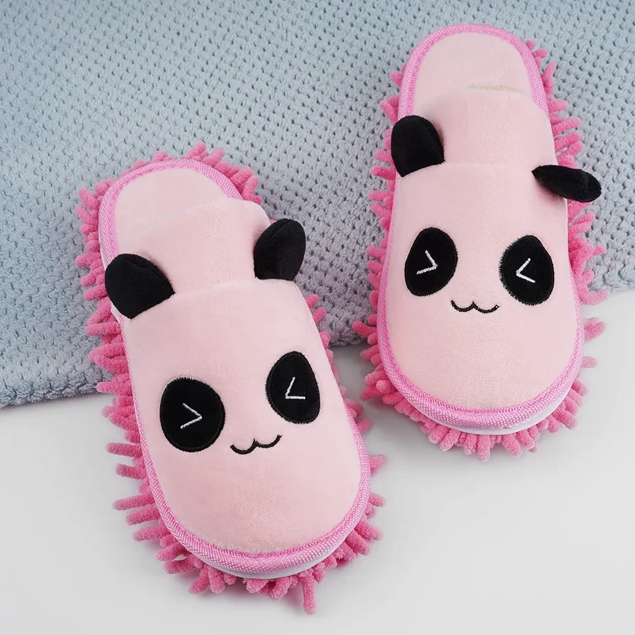 1 Pair Detachable Mop Slippers Shoes Microfiber Chenille Soft Comfortable Dust Dirt Hair Cleaner for Room Bathroom Kitchen Office (Pink Panda)