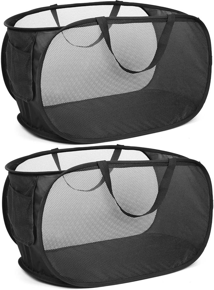 Durable Collapsible Laundry Baskets, Mesh Pop Up Laundry Hamper with Side Pocket, Foldable Clothes Hamper with Reinforced Carry Handles for Laundry, Bathroom, Kids Room, Dorm or Travel 2 Pack Black