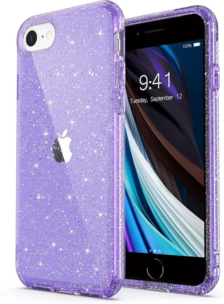 ULAK Compatible with iPhone SE 3 2022 Case, iPhone SE Case 2020, Clear Glitter Soft TPU Cover Shockproof Protective Phone Case Compatible with iPhone SE 2nd 3rd/iPhone 7/iPhone 8 4.7 Inch (Purple)