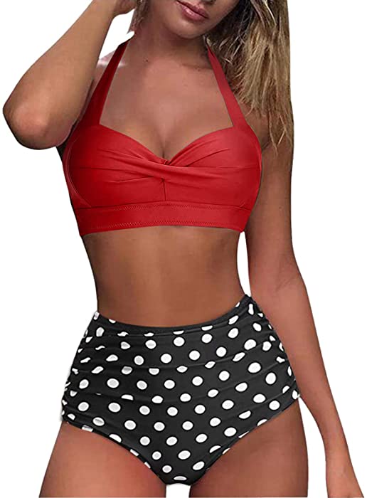 Bikini Sets for Women Two Piece Retro Swimsuit Retro Halter Ruched High Waist Swimwear with Bottom Modest Bathing Suit