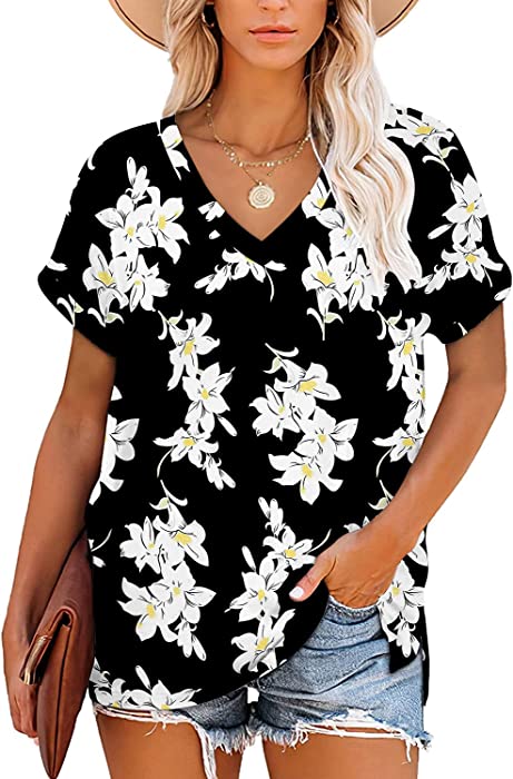 Angerella Summer Tops for Women Casual V Neck T Shirts Short Sleeve Tunic Tops Loose Fit