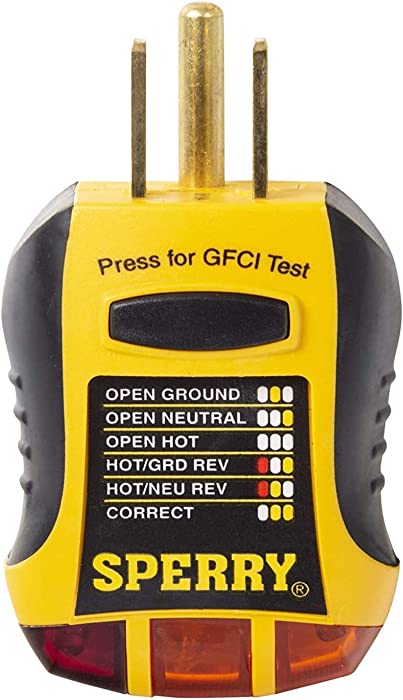 Sperry Instruments GFI6302 GFCI Outlet / Receptacle Tester, Standard 120V AC Outlets, 7 Visual Indication / Wiring Legend, Home & Professional Use, Yellow & Black