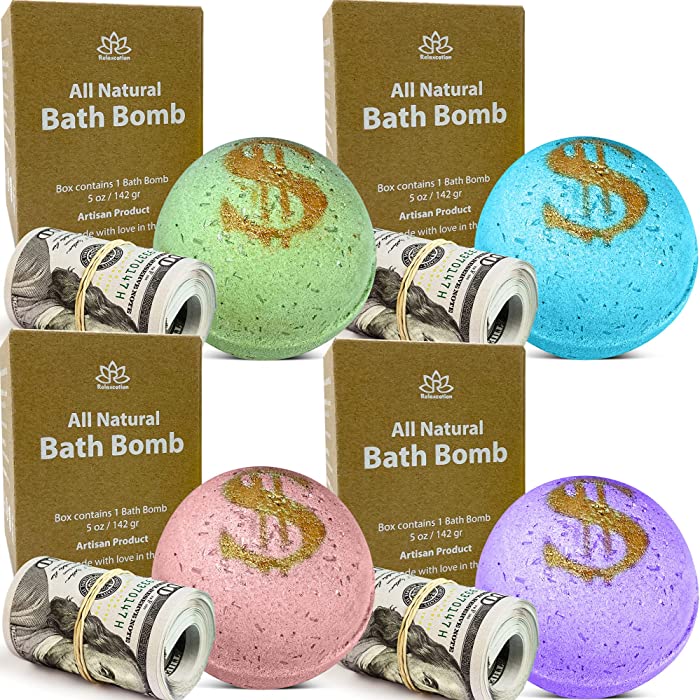 4 Set Bath Bombs with Cash Surprise Inside - Real Money Up to 100 Bill Inside - Handmade from Natural and Organic Ingredients - Made in USA