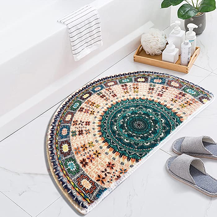 SUJIN Half Round Non-Slip Bath Mat, Beautiful Mandala Art Pattern Carpet, Retro Bohemian Welcome Door Mat, Multi-Color Rug, Suitable for Kitchen, Bedroom, Bathroom, Etc. (Style3)…