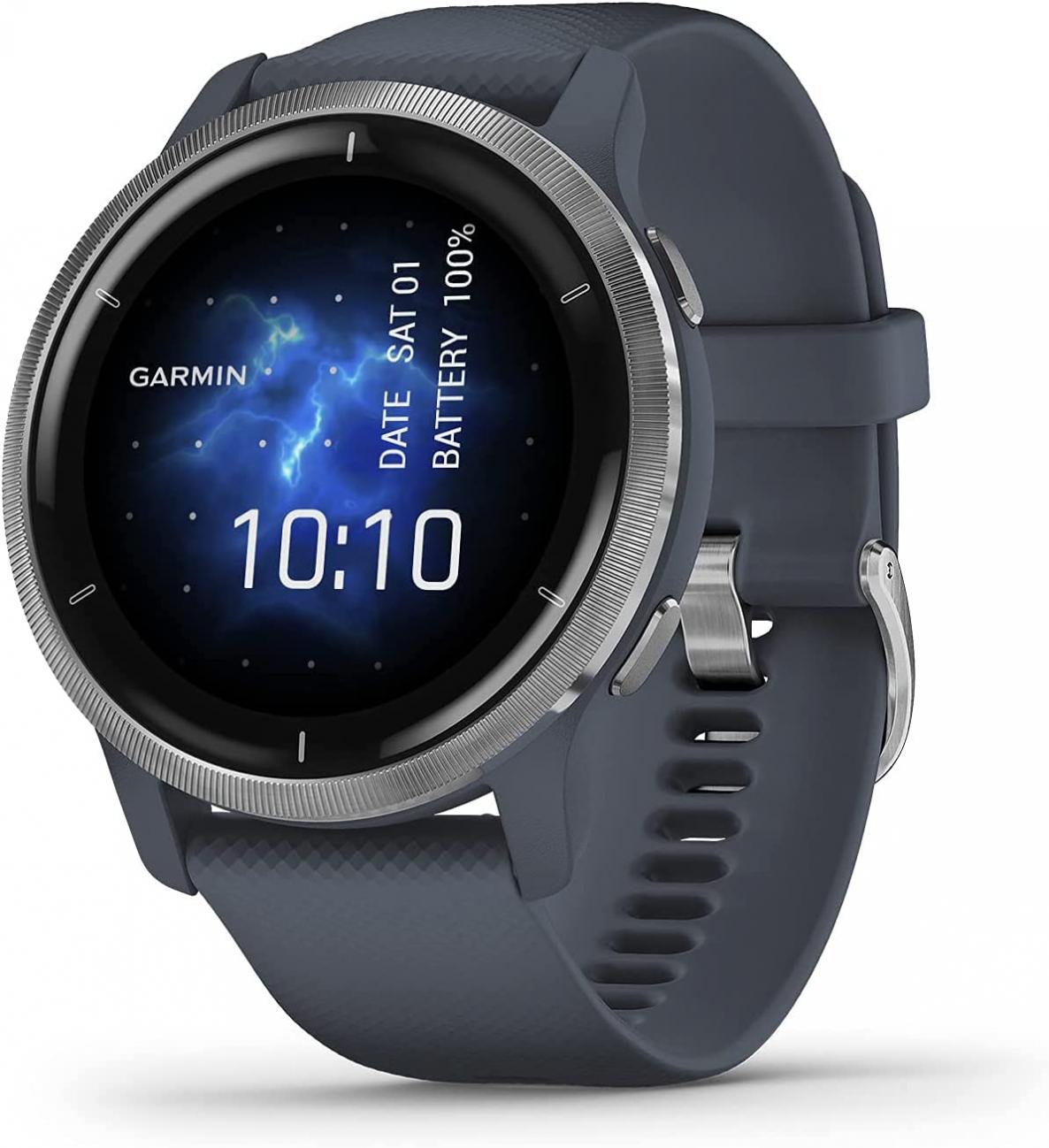 Garmin Venu 2, GPS Smartwatch with Advanced Health Monitoring and Fitness Features, Silver Bezel with GraniteBlue Case and Silicone Band (Renewed)