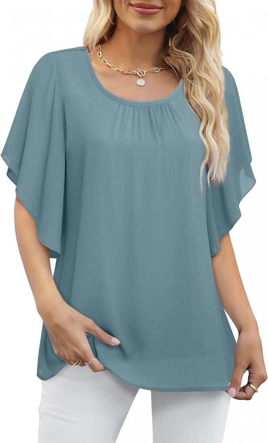 Lotusmile Women's Ruffle Sleeve Flowing Shirt Chiffon Blouse Casual Dressy Tops