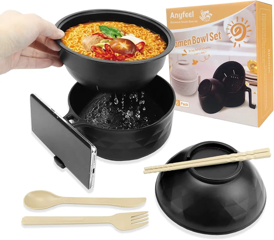 Ramen Cooker, Microwave Ramen Bowl Set with Chopsticks Spoon Ramen Noodle Bowl Instant Cooking for College Dorm Room Essentials, Dishwasher-Safe, BPA-Free (Black)