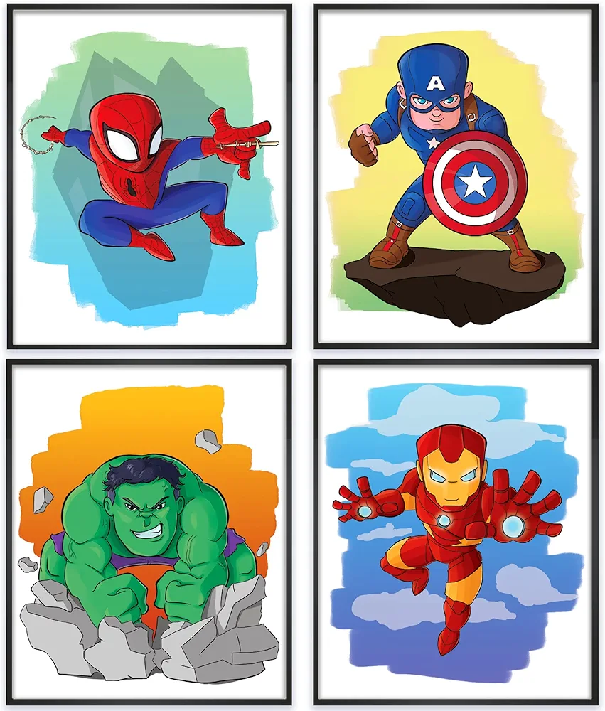 Superhero Avengers Marvel Posters for Boys Room Decor - 8x10 Inches UNFRAMED Set of 4 Wall Art - Watercolor Prints Pictures Decor Decorations Gifts Merch Comics Characters for Man Cave Boys Room Nursery Kids Rooms Bedrooms Toddlers Teens Bathrooms Girls Rooms by PRINT'N'ART