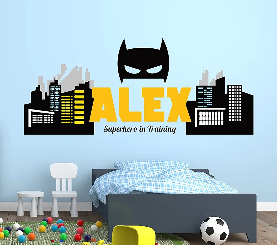 Superhero Name Wall Decal for Kids - Superheroes Wall Sticker for Boys Room - Personalized Bat City Skyline Wall Sticker Dark Knight Playroom Bedroom Wall Decals Art Mural Vinyl Sticker